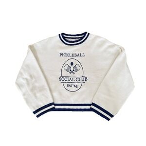 Sincerly Jules Pickleball Cropped Sweater Women's XS White Blue Preppy Cotton